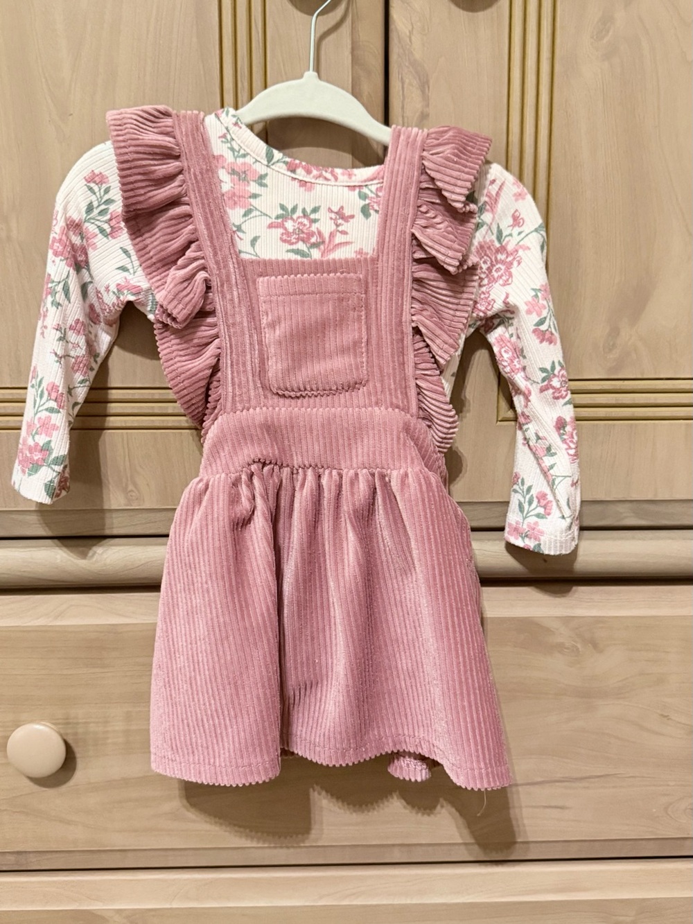Girls' Pink Corduroy Ruffle Pinafore Dress with Floral Top